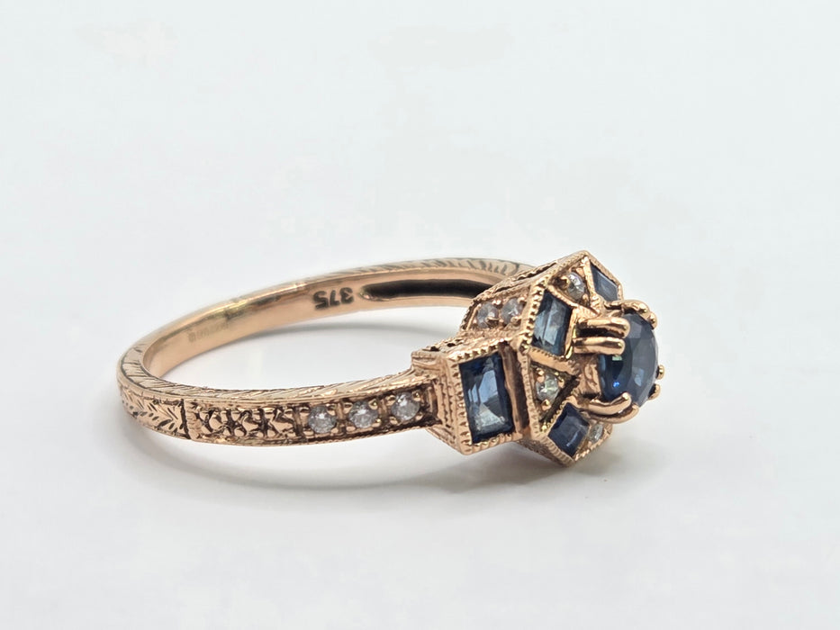 Vintage: 9ct Rose Gold Art Deco Style Sapphire & Goshenite Cluster Ring