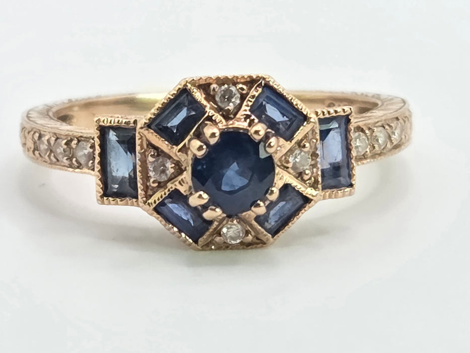 Vintage: 9ct Rose Gold Art Deco Style Sapphire & Goshenite Cluster Ring
