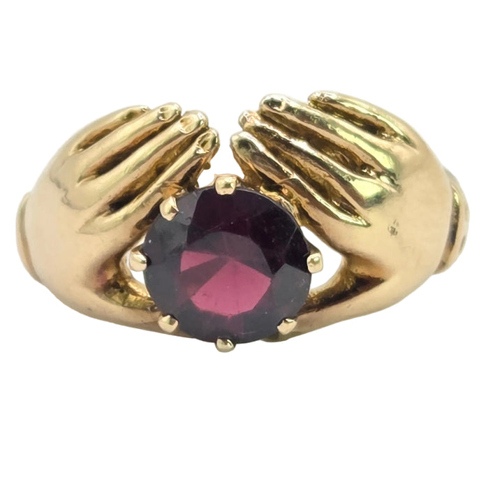 3080 Vintage: 9ct Yellow Gold Garnet Celtic Hands Ring — From 1967