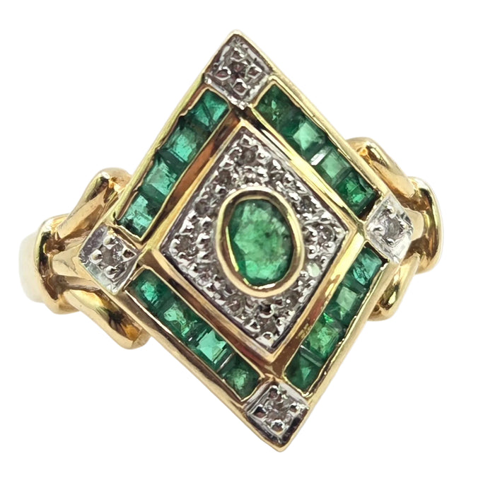 3385 Vintage: 14ct Yellow Gold Emerald & Diamond Art Deco Style Panel Ring