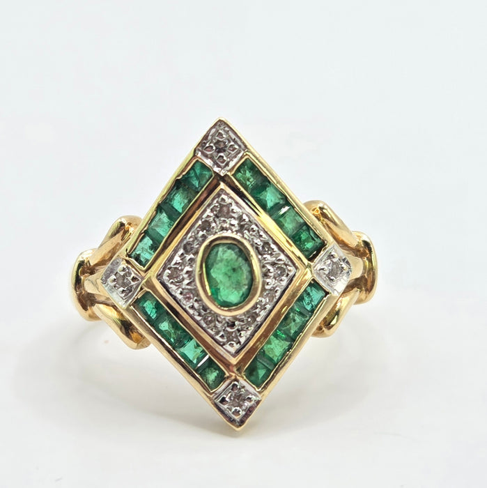 3385 Vintage: 14ct Yellow Gold Emerald & Diamond Art Deco Style Panel Ring