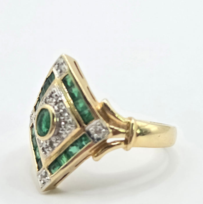 3385 Vintage: 14ct Yellow Gold Emerald & Diamond Art Deco Style Panel Ring