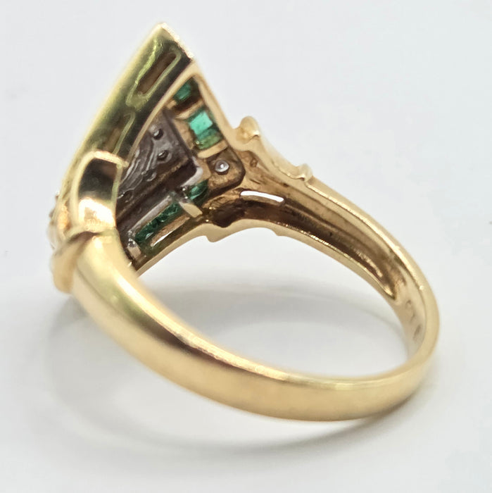 3385 Vintage: 14ct Yellow Gold Emerald & Diamond Art Deco Style Panel Ring