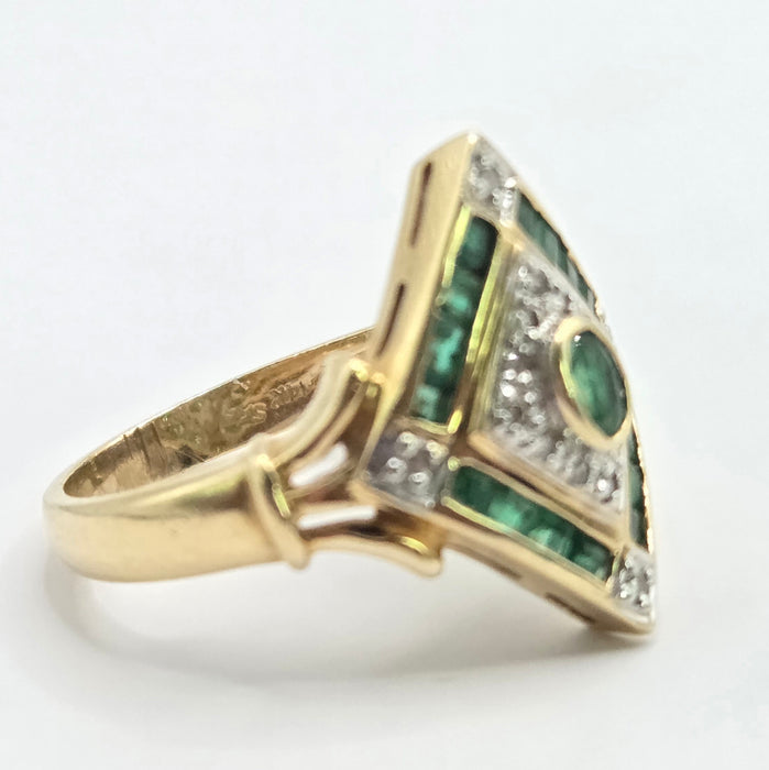 3385 Vintage: 14ct Yellow Gold Emerald & Diamond Art Deco Style Panel Ring