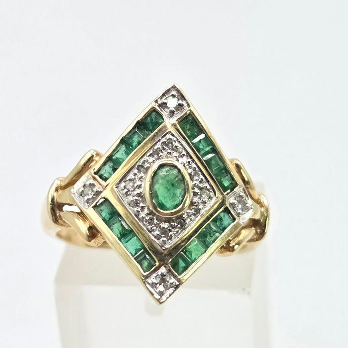 3385 Vintage: 14ct Yellow Gold Emerald & Diamond Art Deco Style Panel Ring