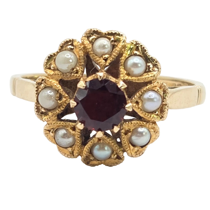 Vintage: 9ct Yellow Gold Garnet & Seed Pearl Cluster Ring — From 1961