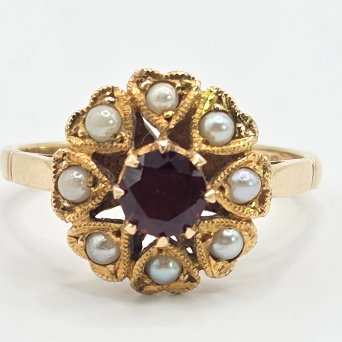 Vintage: 9ct Yellow Gold Garnet & Seed Pearl Cluster Ring — From 1961