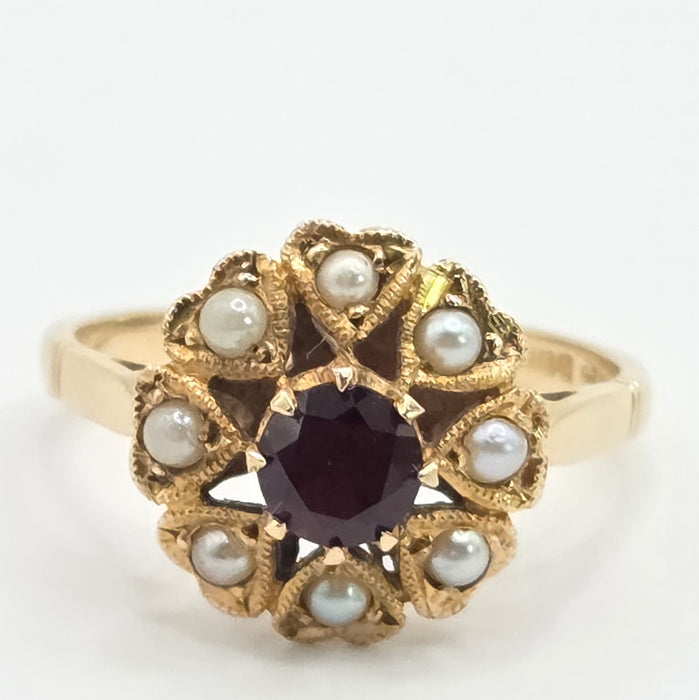 Vintage: 9ct Yellow Gold Garnet & Seed Pearl Cluster Ring — From 1961