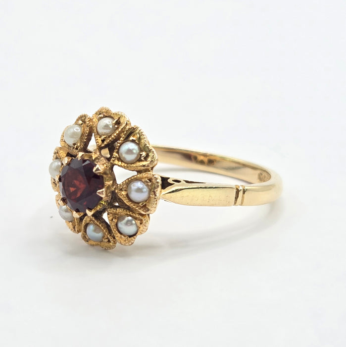 Vintage: 9ct Yellow Gold Garnet & Seed Pearl Cluster Ring — From 1961