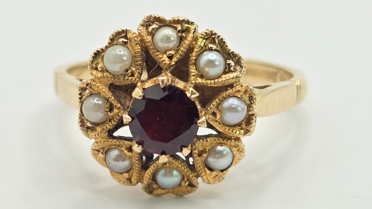 Vintage: 9ct Yellow Gold Garnet & Seed Pearl Cluster Ring — From 1961