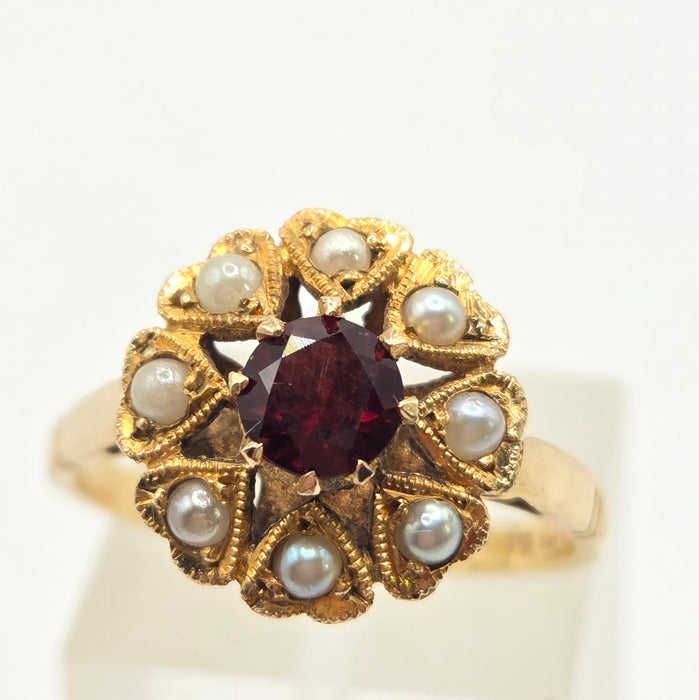 Vintage: 9ct Yellow Gold Garnet & Seed Pearl Cluster Ring — From 1961