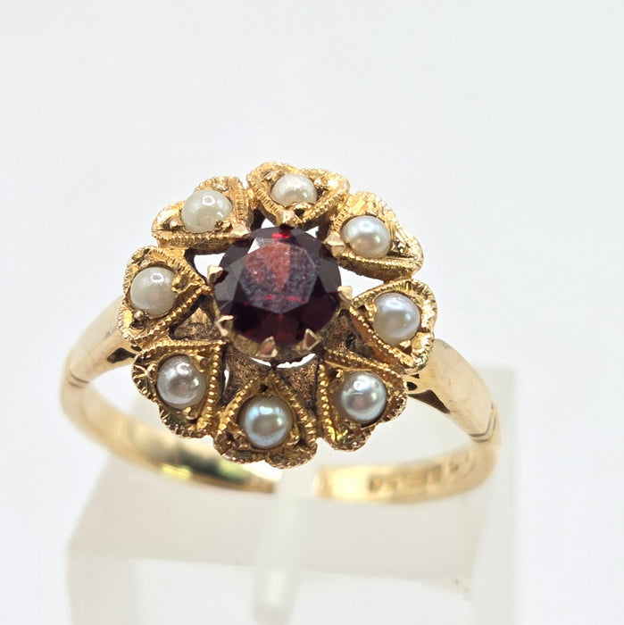 Vintage: 9ct Yellow Gold Garnet & Seed Pearl Cluster Ring — From 1961