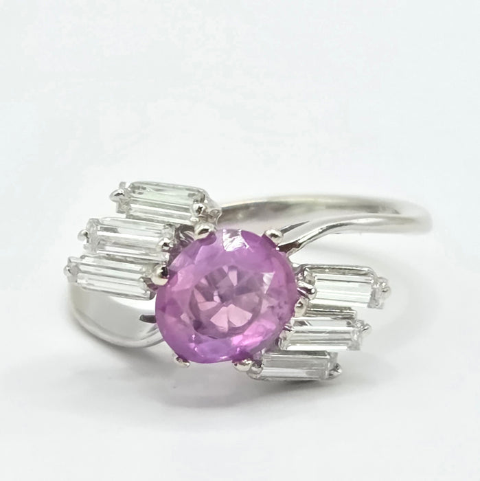 Vintage: 18ct White Gold Pink Sapphire & Diamond Cross-Over Ring — 0.68ct