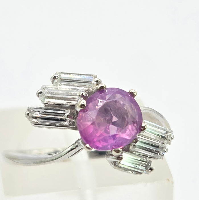 Vintage: 18ct White Gold Pink Sapphire & Diamond Cross-Over Ring — 0.68ct