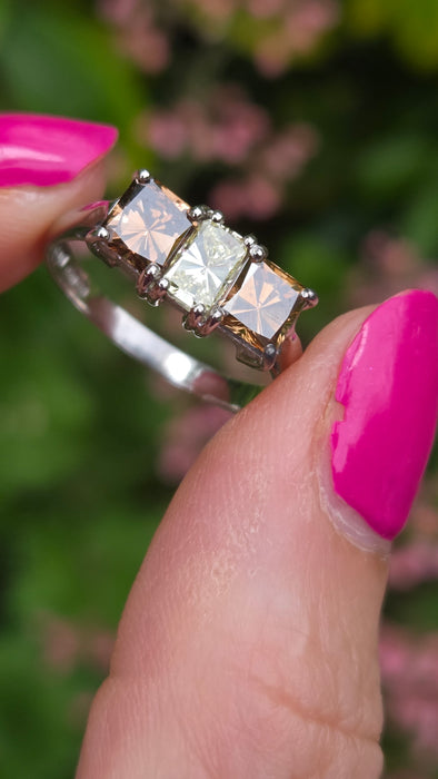 Vintage: 18ct White Gold Chocolate & White Diamond Three Stone Ring — 1.94ct