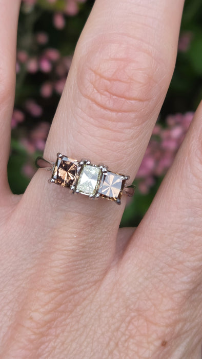Vintage: 18ct White Gold Chocolate & White Diamond Three Stone Ring — 1.94ct