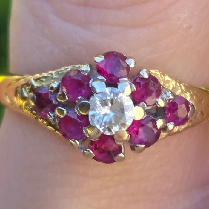1206 Vintage: 18ct Yellow Gold Ruby & Diamond Cluster Ring