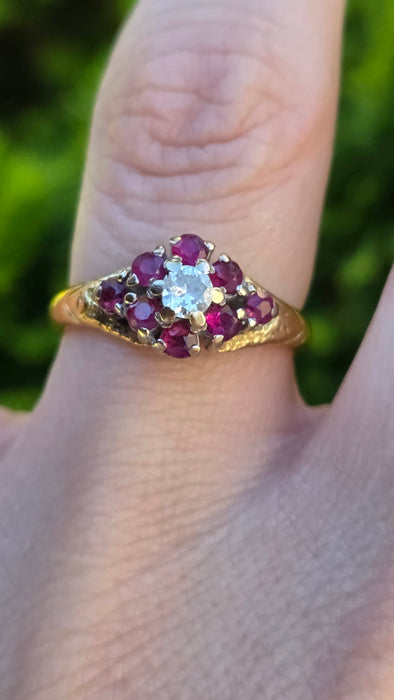 1206 Vintage: 18ct Yellow Gold Ruby & Diamond Cluster Ring