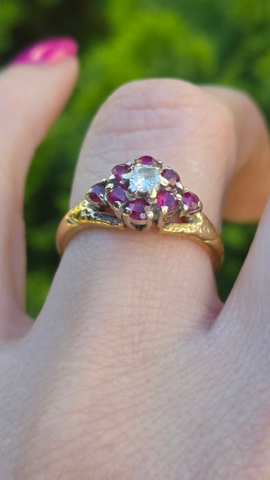 1206 Vintage: 18ct Yellow Gold Ruby & Diamond Cluster Ring