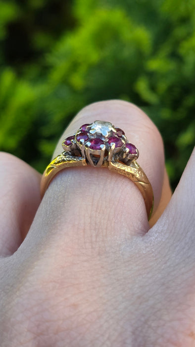 1206 Vintage: 18ct Yellow Gold Ruby & Diamond Cluster Ring