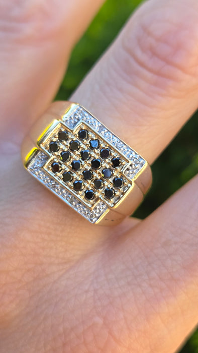 Vintage: 9ct Yellow Gold Black & White Diamond Statement Signet Ring — 0.66ct