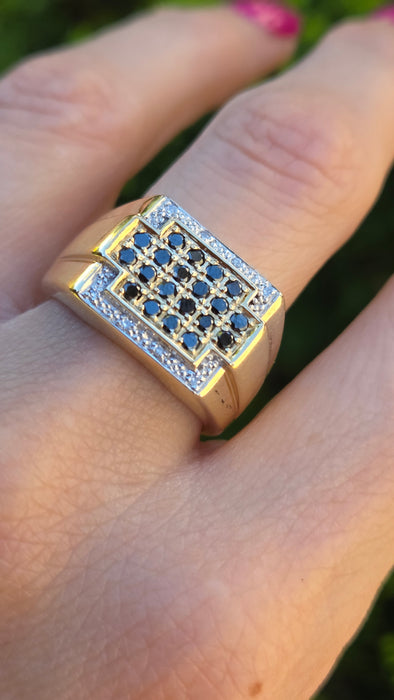 Vintage: 9ct Yellow Gold Black & White Diamond Statement Signet Ring — 0.66ct