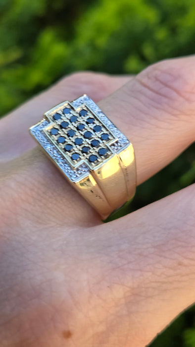 Vintage: 9ct Yellow Gold Black & White Diamond Statement Signet Ring — 0.66ct