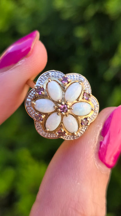 Vintage: 9ct Yellow Gold Opal, Rubellite & Diamond Flower Cluster Ring