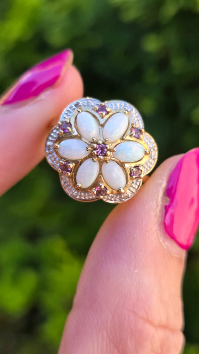 Vintage: 9ct Yellow Gold Opal, Rubellite & Diamond Flower Cluster Ring