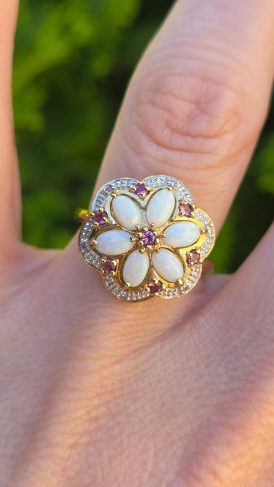 Vintage: 9ct Yellow Gold Opal, Rubellite & Diamond Flower Cluster Ring