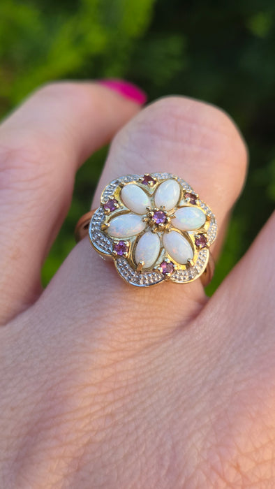 Vintage: 9ct Yellow Gold Opal, Rubellite & Diamond Flower Cluster Ring