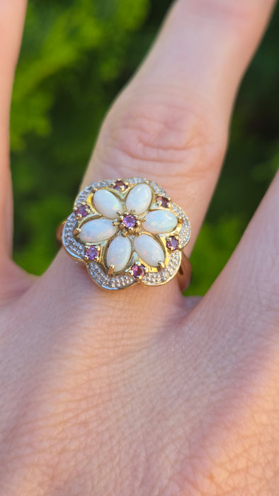 Vintage: 9ct Yellow Gold Opal, Rubellite & Diamond Flower Cluster Ring