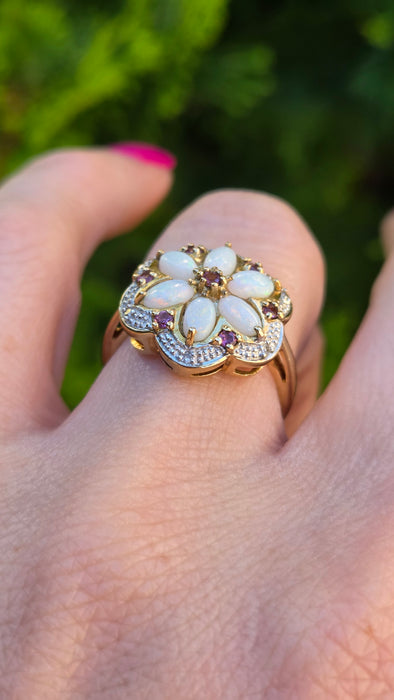 Vintage: 9ct Yellow Gold Opal, Rubellite & Diamond Flower Cluster Ring