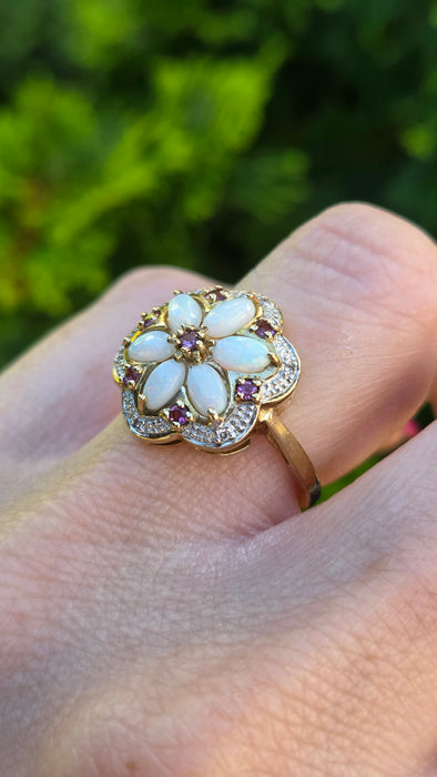 Vintage: 9ct Yellow Gold Opal, Rubellite & Diamond Flower Cluster Ring