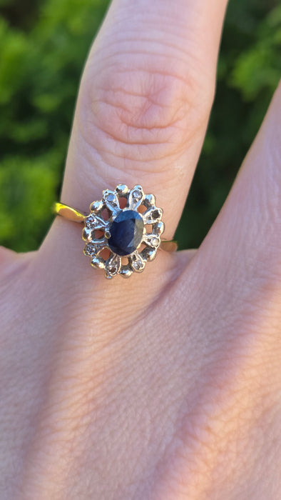 1798 Vintage: 9ct Yellow Gold Sapphire & Diamond Daisy Cluster Ring — From 1972