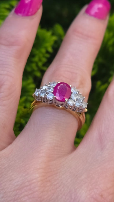 Vintage: 18ct Yellow Gold Ruby & Diamond Cluster Ring — 1.50ct