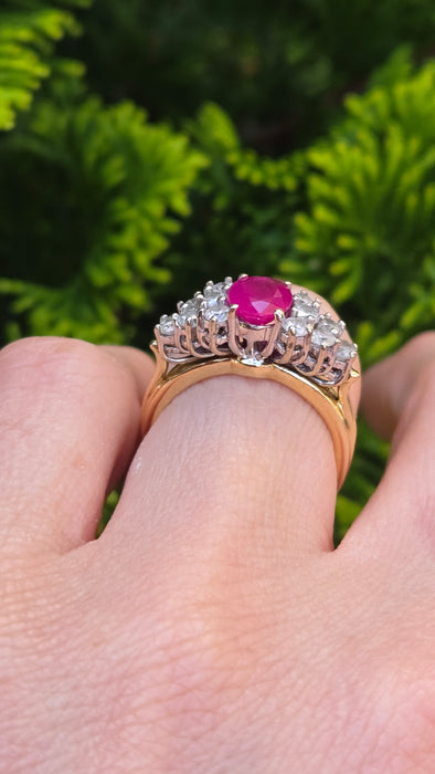Vintage: 18ct Yellow Gold Ruby & Diamond Cluster Ring — 1.50ct