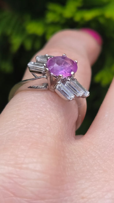 Vintage: 18ct White Gold Pink Sapphire & Diamond Cross-Over Ring — 0.68ct