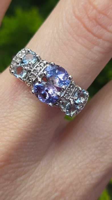 3262 Vintage: 9ct White Gold Tanzanite & Aquamarine Diamond Ring — 1.13ct