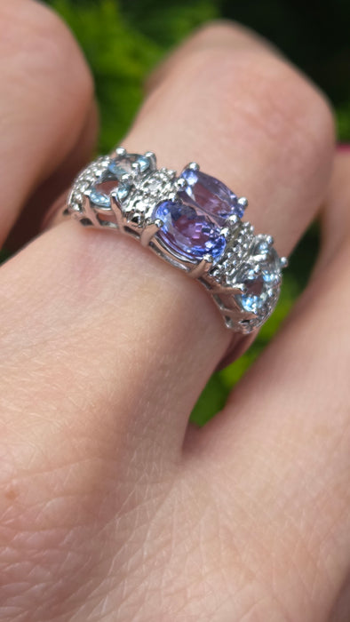 3262 Vintage: 9ct White Gold Tanzanite & Aquamarine Diamond Ring — 1.13ct