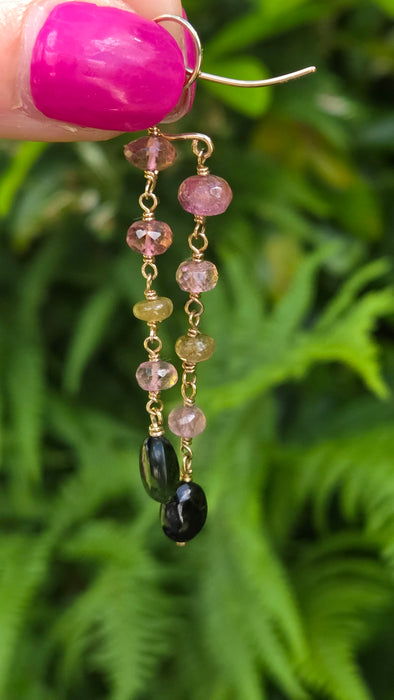 Vintage: 9ct Yellow Gold Jadeite, Morganite & Peridot Beaded Drop Earrings