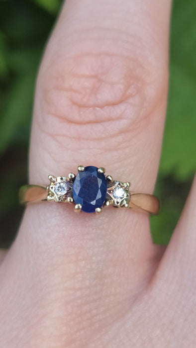Vintage: 9ct Yellow Gold Sapphire & Diamond Three-Stone Ring