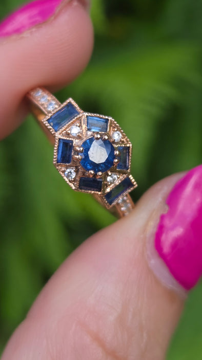 Vintage: 9ct Rose Gold Art Deco Style Sapphire & Goshenite Cluster Ring
