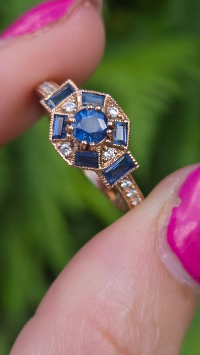 Vintage: 9ct Rose Gold Art Deco Style Sapphire & Goshenite Cluster Ring