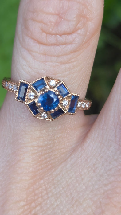 Vintage: 9ct Rose Gold Art Deco Style Sapphire & Goshenite Cluster Ring