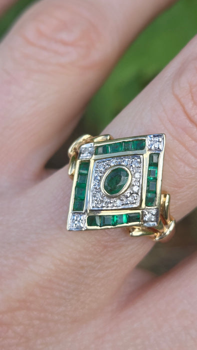 3385 Vintage: 14ct Yellow Gold Emerald & Diamond Art Deco Style Panel Ring