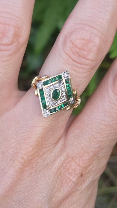 3385 Vintage: 14ct Yellow Gold Emerald & Diamond Art Deco Style Panel Ring
