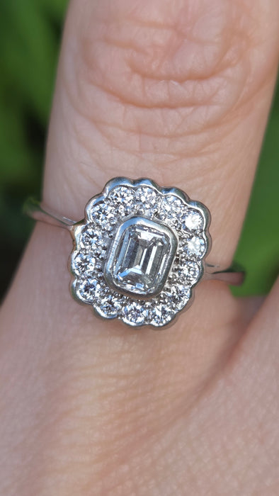 Vintage: Platinum 950 Art Deco Style Emerald Cut Diamond Cluster Ring — 0.87ct