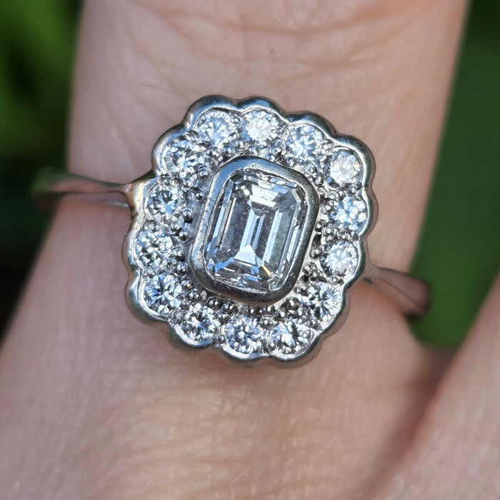 Vintage: Platinum 950 Art Deco Style Emerald Cut Diamond Cluster Ring — 0.87ct