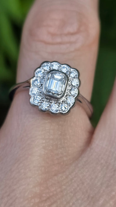 Vintage: Platinum 950 Art Deco Style Emerald Cut Diamond Cluster Ring — 0.87ct